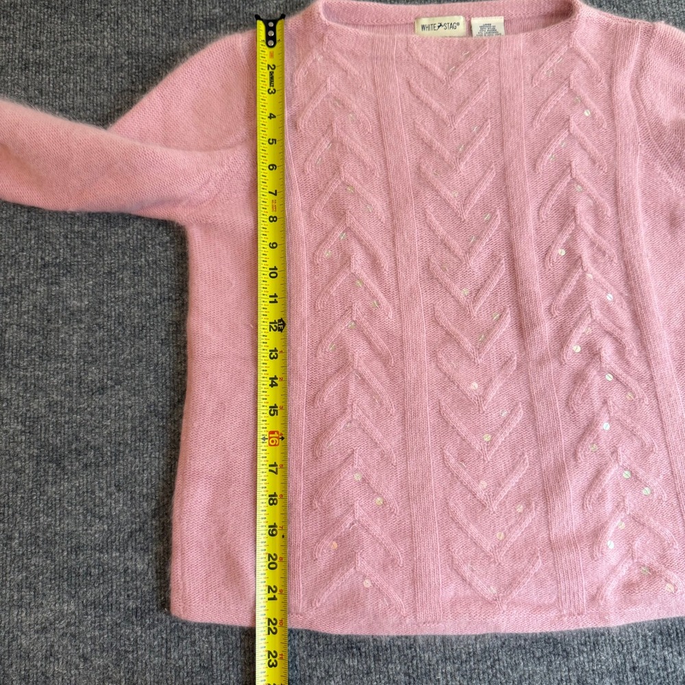 Vintage 90's White Stag Pink Angora & Lambswool Blend Sequin Cable Knit Sweater - Picture 8 of 8
